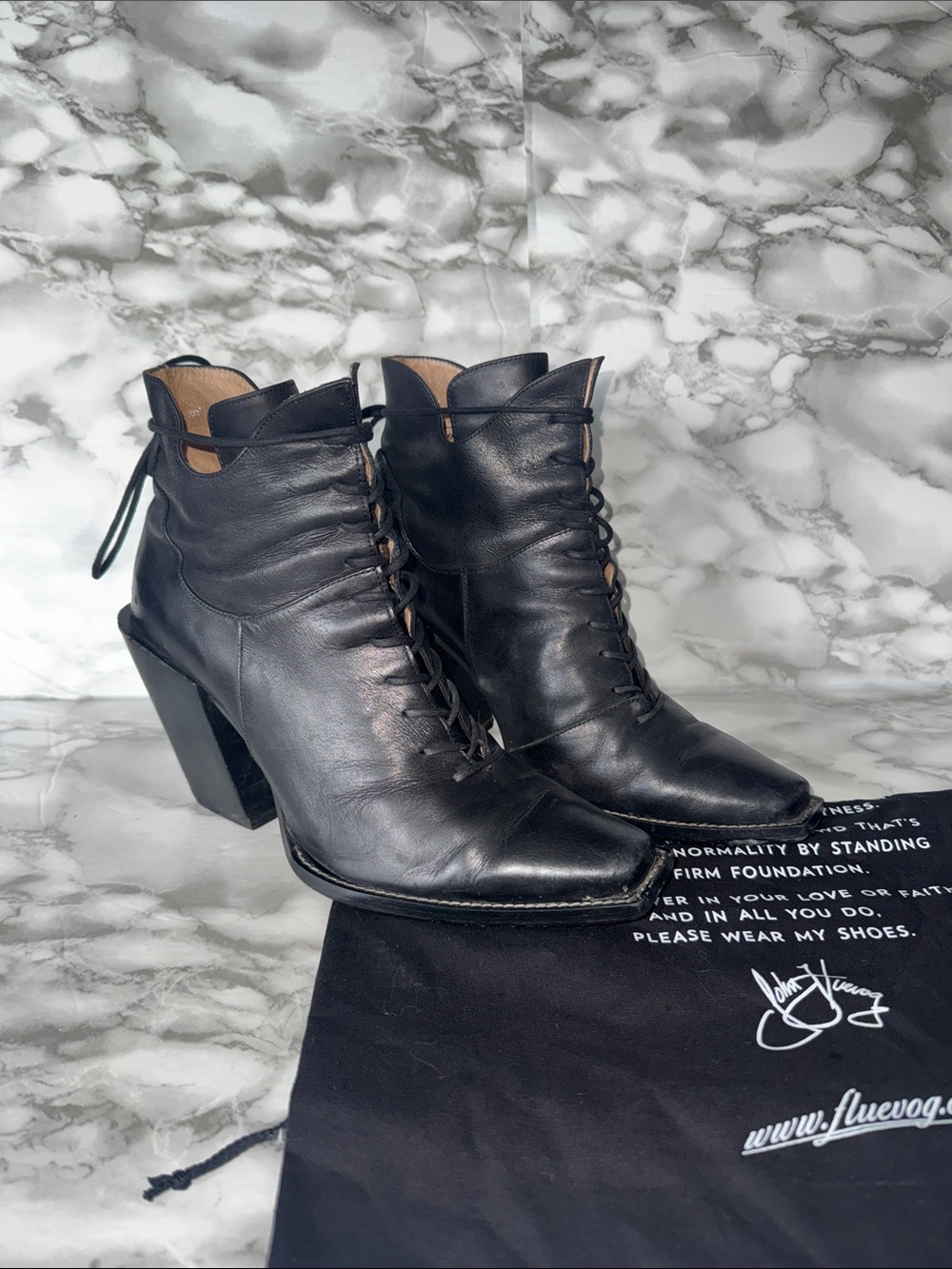 John Fluevog Prince George Black Leather Lace Up Heeled Boots Size 9